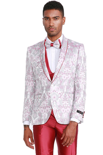 Men's One Button Vested Floral Print Prom & Wedding Tuxedo with Satin Vest and Pants in Pink