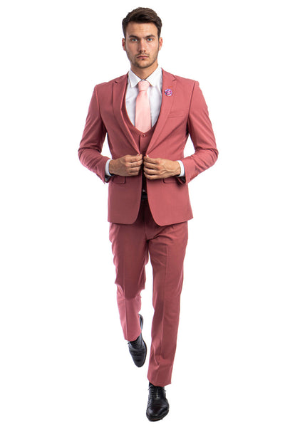 Men's One Button Peak Lapel Skinny Wedding & Prom Suit with Lowcut Vest in Coral Pink