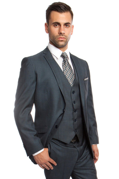 Men's Two Button Vested Business Sharkskin Suit in Indigo Blue