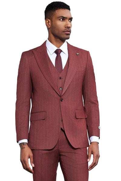 Men's Stacy Adams One Button Peak Lapel Vested Suit in Burgundy Pinstripe