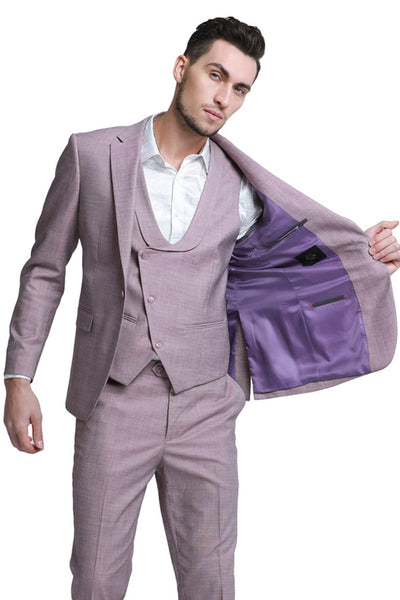 Men's One Button Double Breasted Vest Slim Fit Sharkskin Wedding Suit in Rose Pink