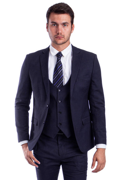 Men's Two Button Skinny Fit Vested Suit in Navy Blue