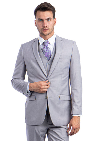 Men's Two Button Basic Hybrid Fit Vested Suit in Light Grey
