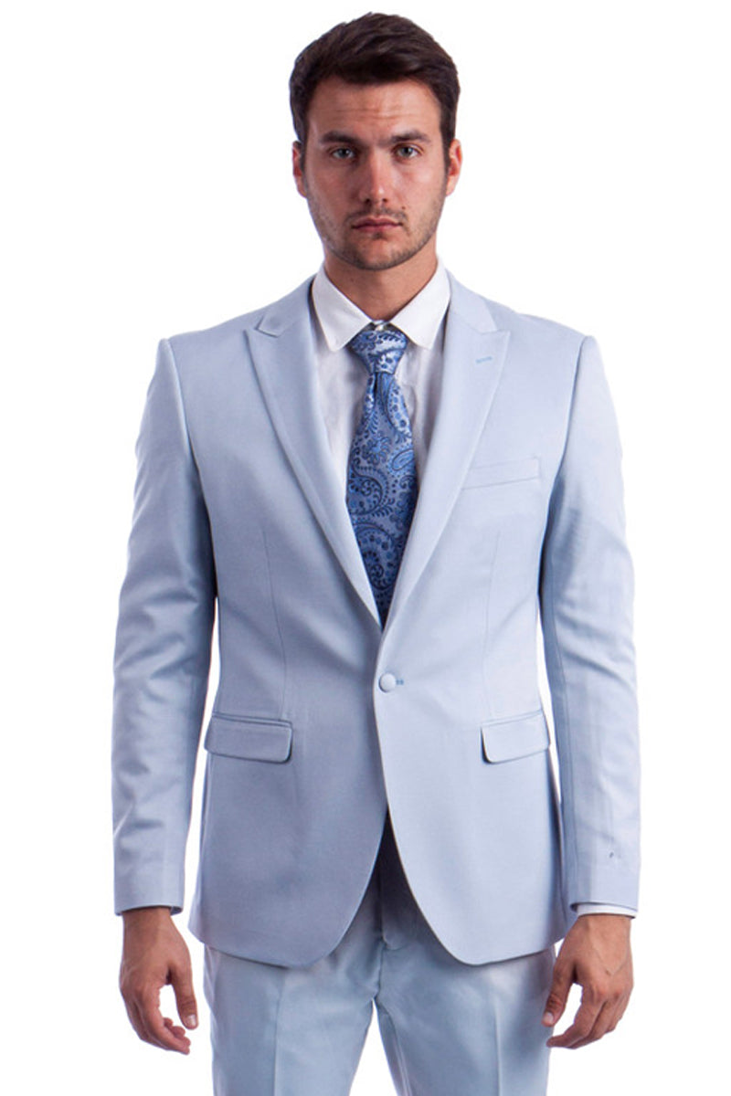 Men's One Button Peak Lapel Basic Slim Fit Suit in Light Blue