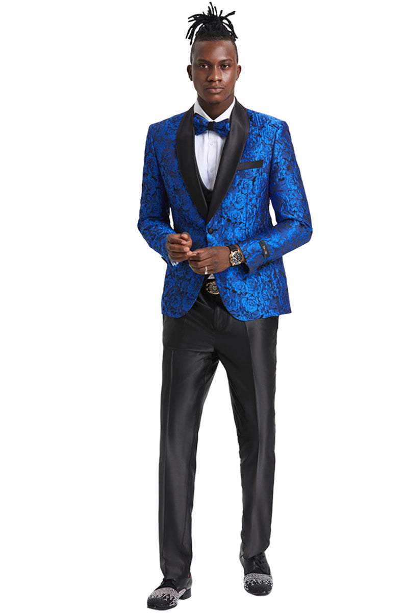 Men's One Button Slim Fit Shiny Paisley Floral Vested Prom Tuxedo in Royal Blue