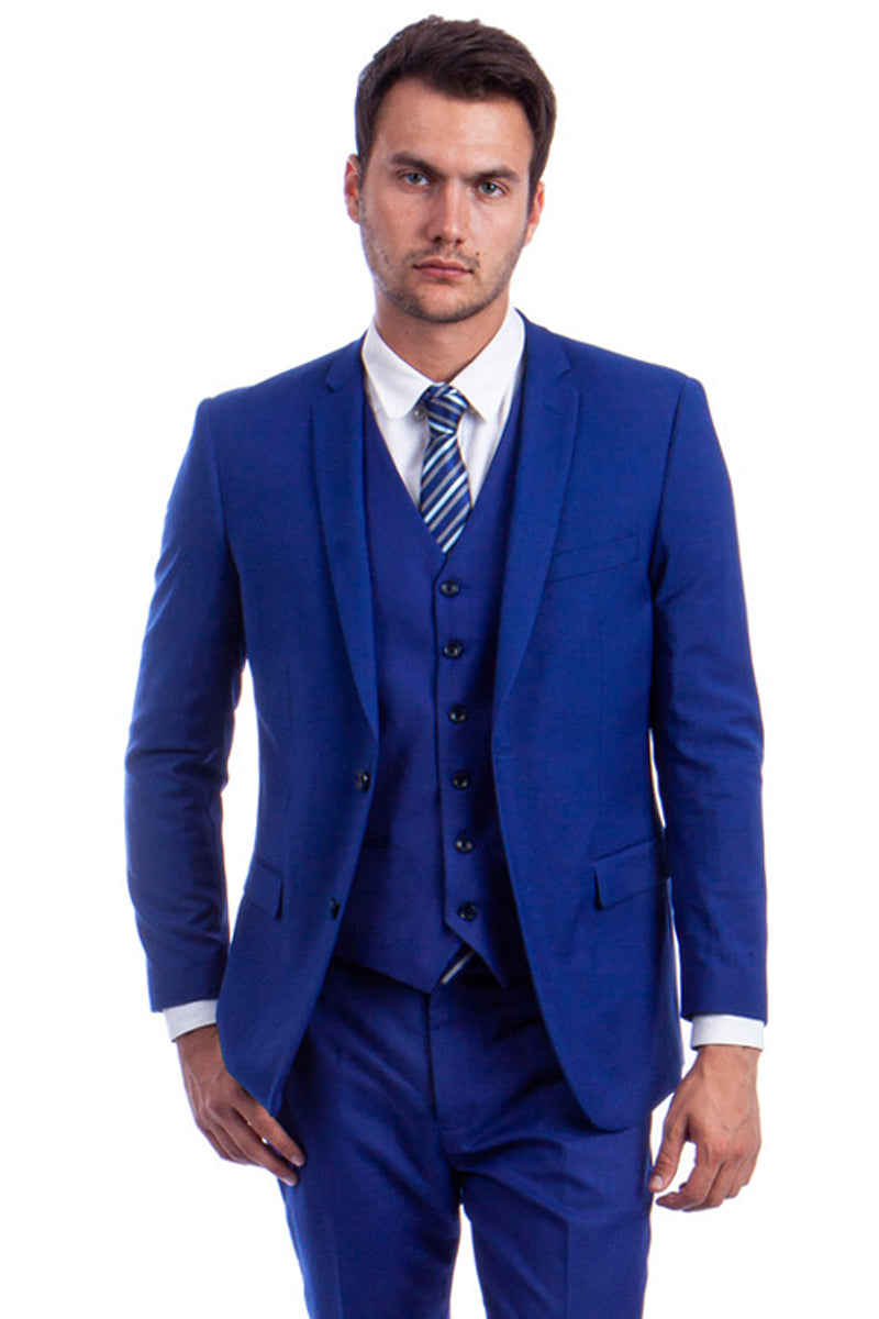 Men's Vested Two Button Solid Color Wedding & Business Suit in Royal Blue