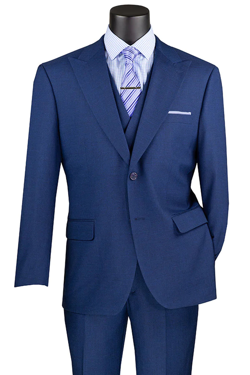 Men's Summer Sharkskin Suit with Double Breasted Vest in Navy Blue ...