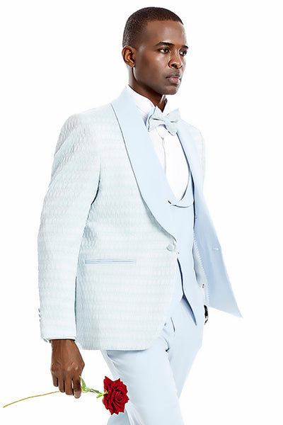 Men's One Button Vested Honeycomb Lace Design Wedding & Prom Tuxedo in Sky Blue