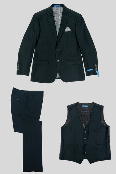 Men's Two Button Vested Slim Fit Suit in Dark Green Birdseye Pattern