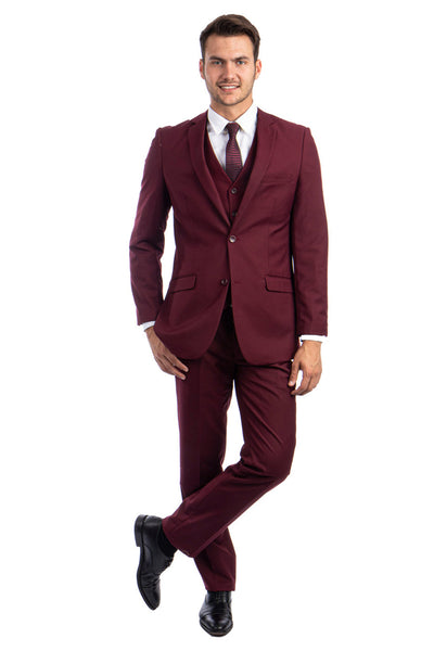 Men's Two Button Basic Hybrid Fit Vested Suit in Burgundy