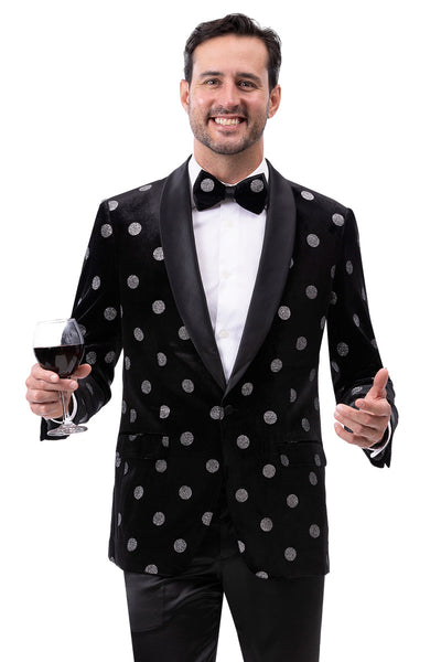 Men's Black & Silver Modern Fit Polka Dot Tuxedo Jacket