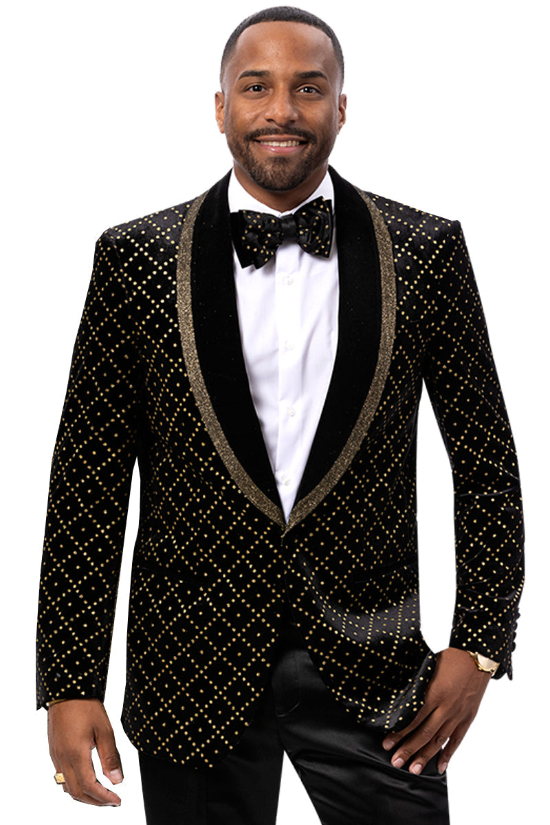 Men's Velvet Wedding & Prom Tuxedo Jacket in Black with Gold Rhinestones, 40 / Blk/Gold