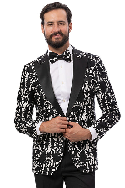 Men's One Button Peak Lapel Modern Fit Tuxedo Jacket in Black & White Floral Print