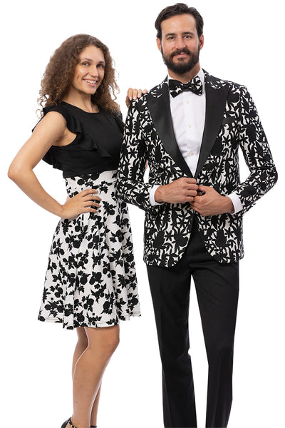 Men's One Button Peak Lapel Modern Fit Tuxedo Jacket in Black & White Floral Print