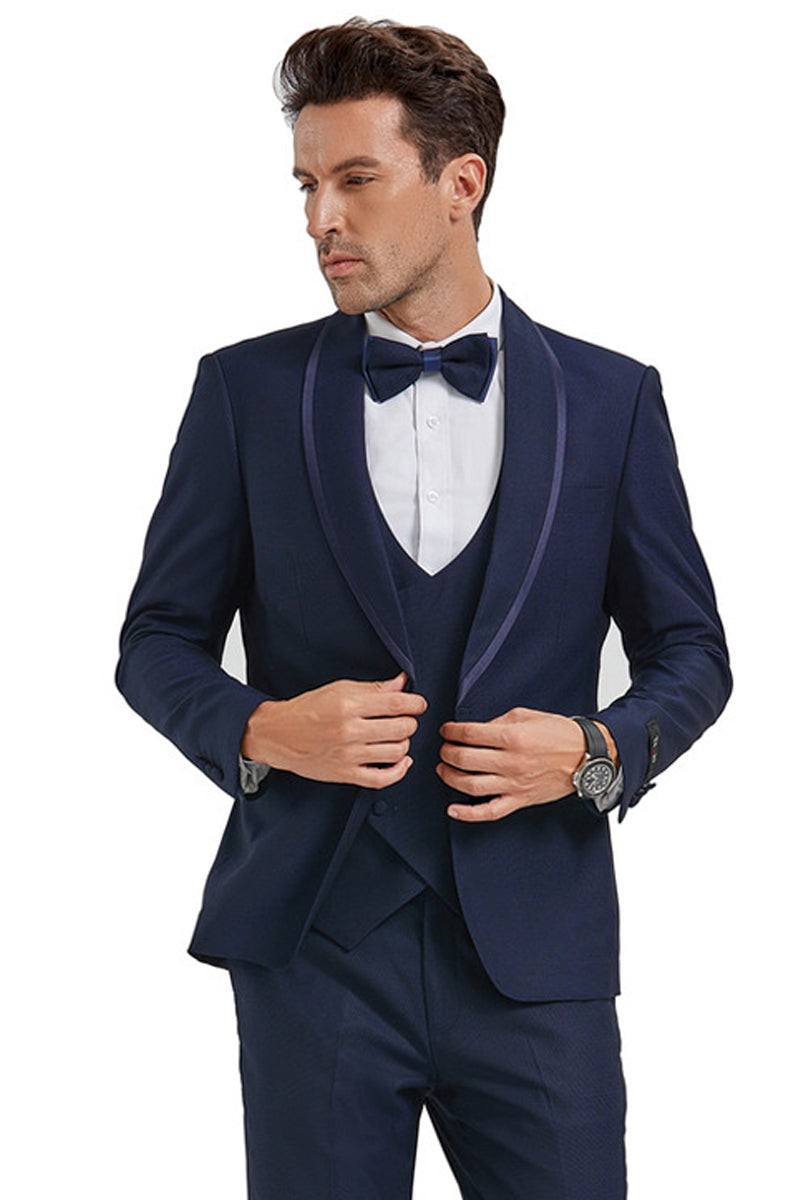 Men's One Button Vested Shawl Tuxedo in Navy Blue Birdseye with Blue Satin Trim