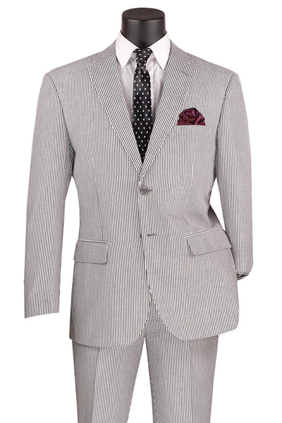 Men's 2PC Summer Seersucker Modern Fit Suit in Black Pinstripe