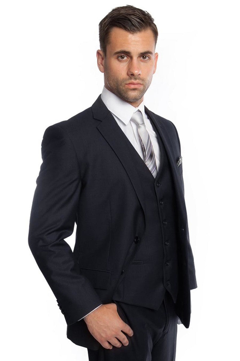 Men's Vested Two Button Solid Color Wedding & Business Suit in Navy Blue