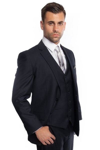 Men's Vested Two Button Solid Color Wedding & Business Suit in Navy Blue