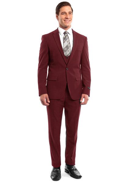 Men's One Button Peak Lapel Skinny Wedding & Prom Suit with Lowcut Vest in Red