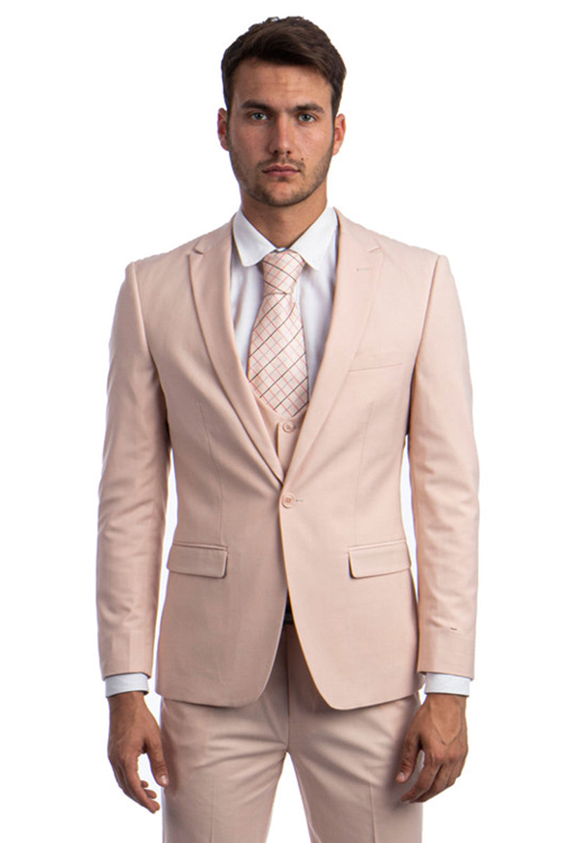 Men's One Button Peak Lapel Skinny Wedding & Prom Suit with Lowcut Vest in Blush Pink