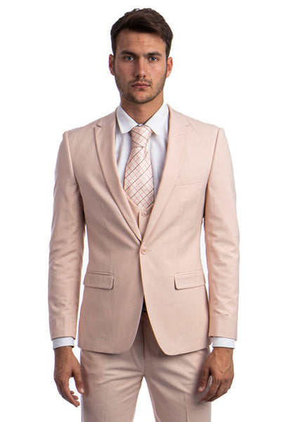 Men's One Button Peak Lapel Skinny Wedding & Prom Suit with Lowcut Vest in Blush Pink
