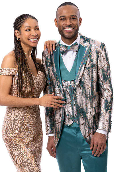 Men's Vested Camoflage Inspired Wedding Tuxedo in Aqua Teal Green