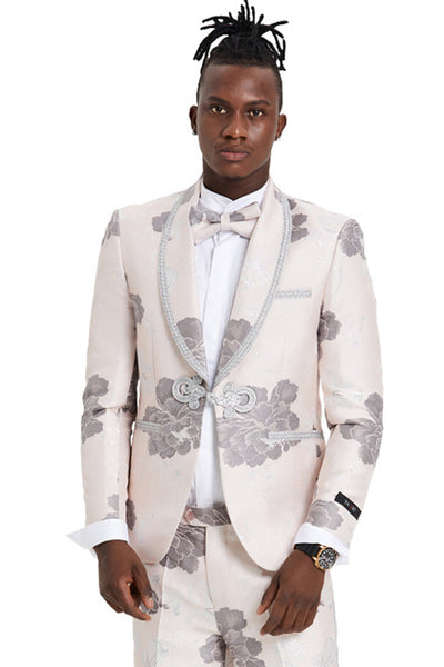 Men's One Button Vested Shawl Tuxedo in Pink & Silver Paisley with Lace Trim