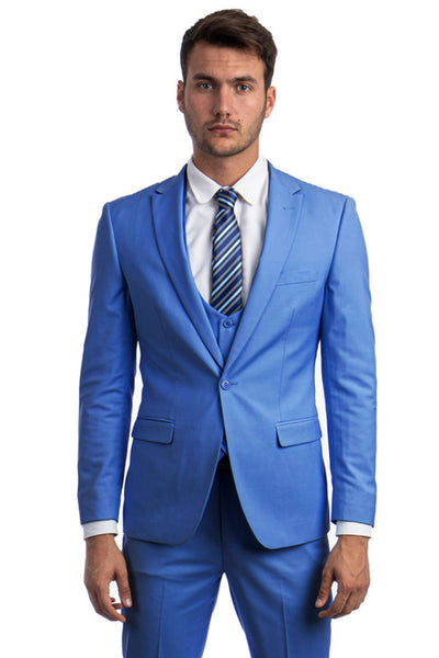 Men's One Button Peak Lapel Skinny Wedding & Prom Suit with Lowcut Vest in French Blue