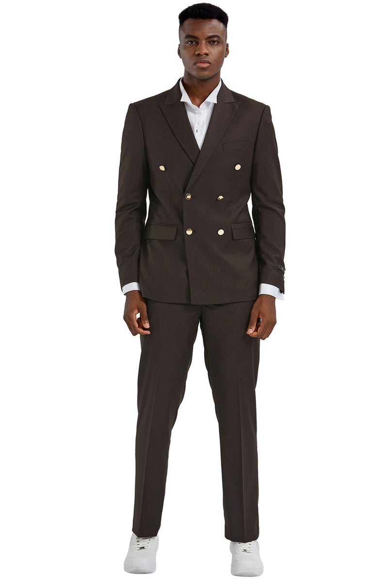 Men's Slim Fit Double Breasted Wedding Suit with Gold Buttons in Brown