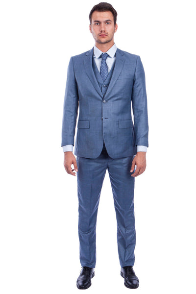 Men's Two Button Hybrid Fit Vested Sharkskin Wedding & Business Suit in Ocean Blue