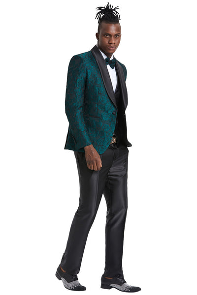 Men's One Button Slim Fit Shiny Paisley Floral Vested Prom Tuxedo in Hunter Green