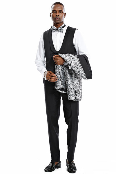 Men's One Button Slim Fit Shiny Paisley Floral Vested Prom Tuxedo in Silver