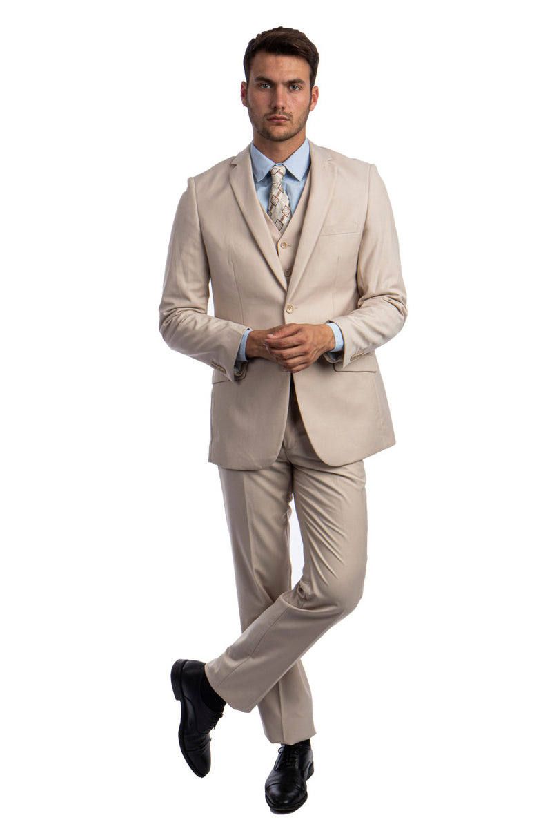 Men's Two Button Basic Hybrid Fit Vested Suit in Tan