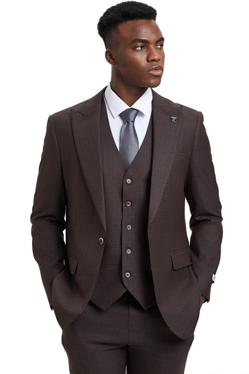 Men's Stacy Adams Vested One Button Wide Peak Lapel Windowpane Plaid Suit in Brown