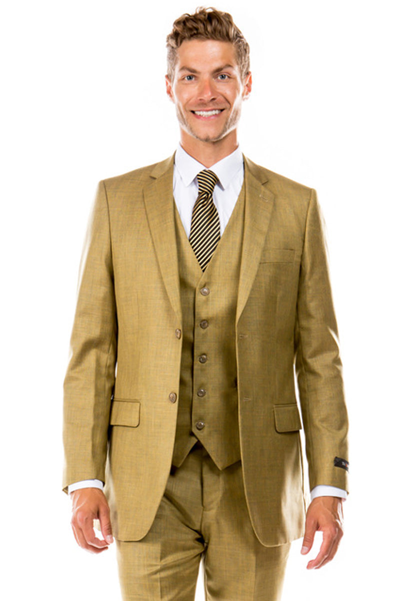 Men's Two Button Hybrid Fit Vested Sharkskin Wedding & Business Suit in Oatmeal Tan