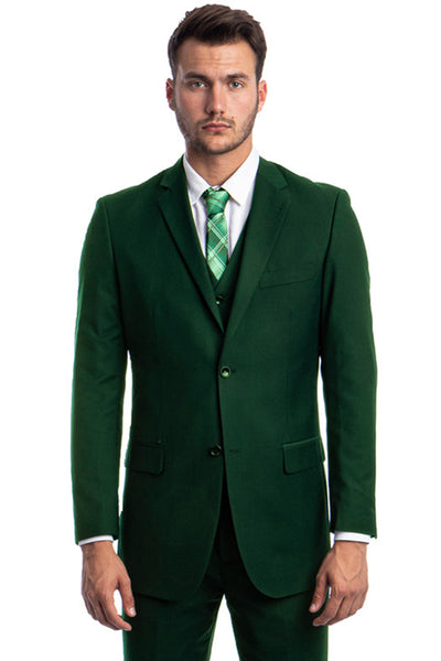 Men's Vested Two Button Solid Color Wedding & Business Suit in Hunter Green