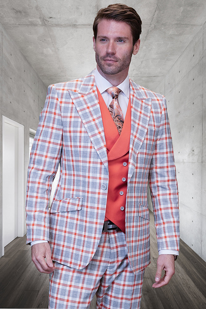 Men's Designer Vested Wool Summer Suit in Grey & Coral Orange Windowpa ...