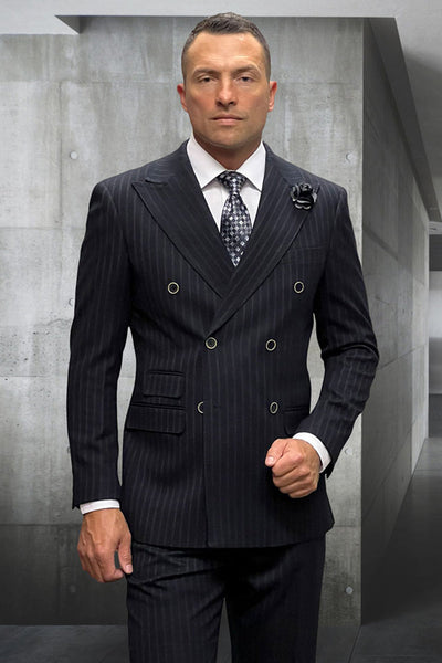 Men's Designer Classic Fit Double Breasted Wool Pinstripe Suit in Black