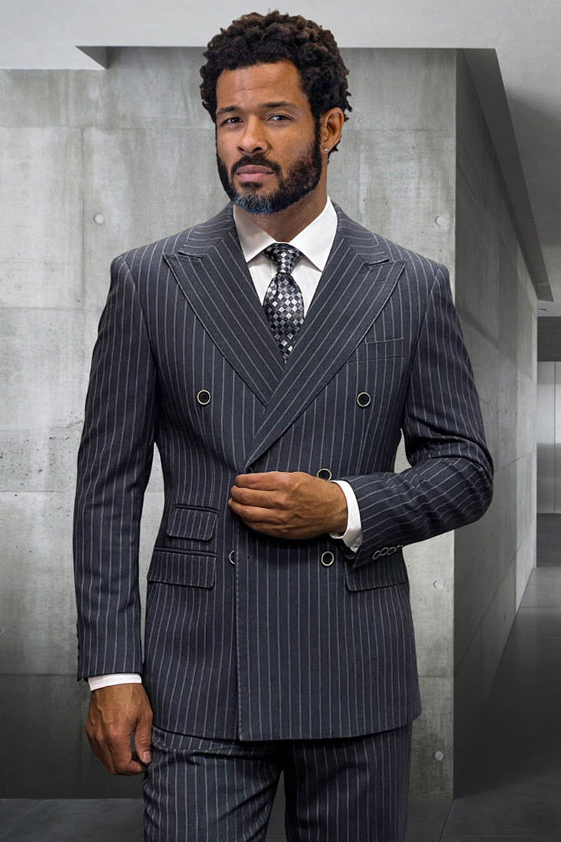 Men's Designer Classic Fit Double Breasted Wool Pinstripe Suit in Charcoal Grey