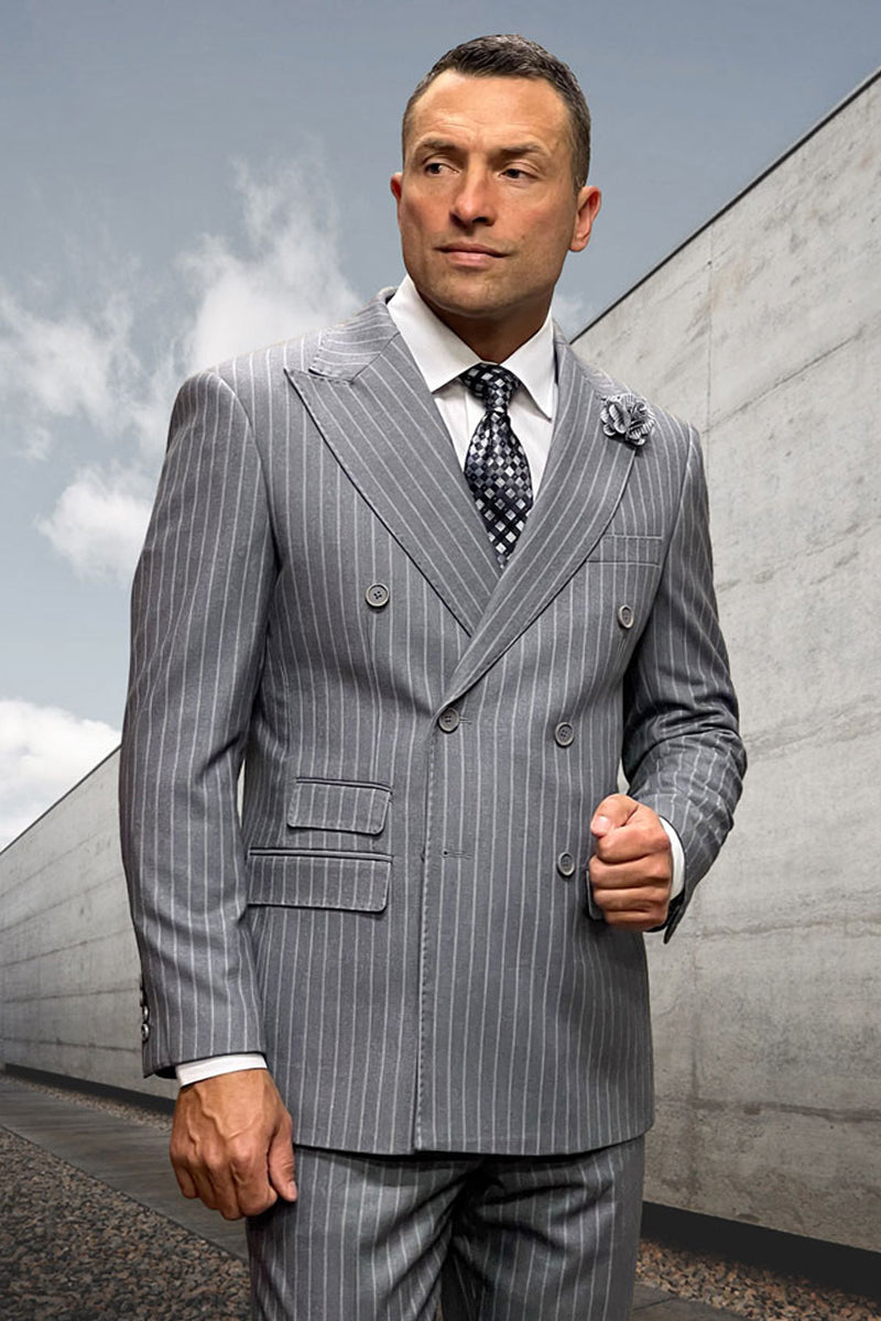 Men's Designer Classic Fit Double Breasted Wool Pinstripe Suit in Grey