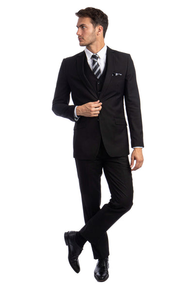 Men's Two Button Basic Hybrid Fit Vested Suit in Black