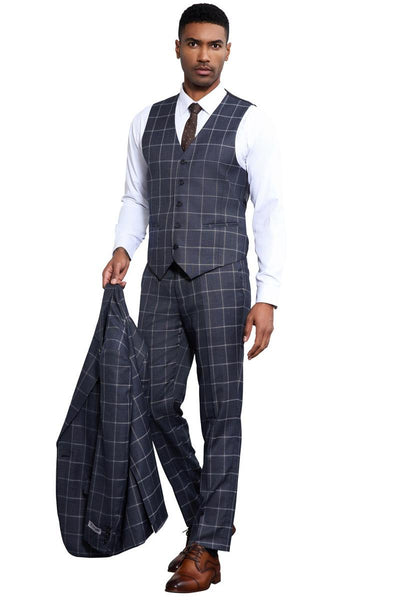 Men's Stacy Adams Classic One Button Vested Windowpane Suit in Charcoal Grey
