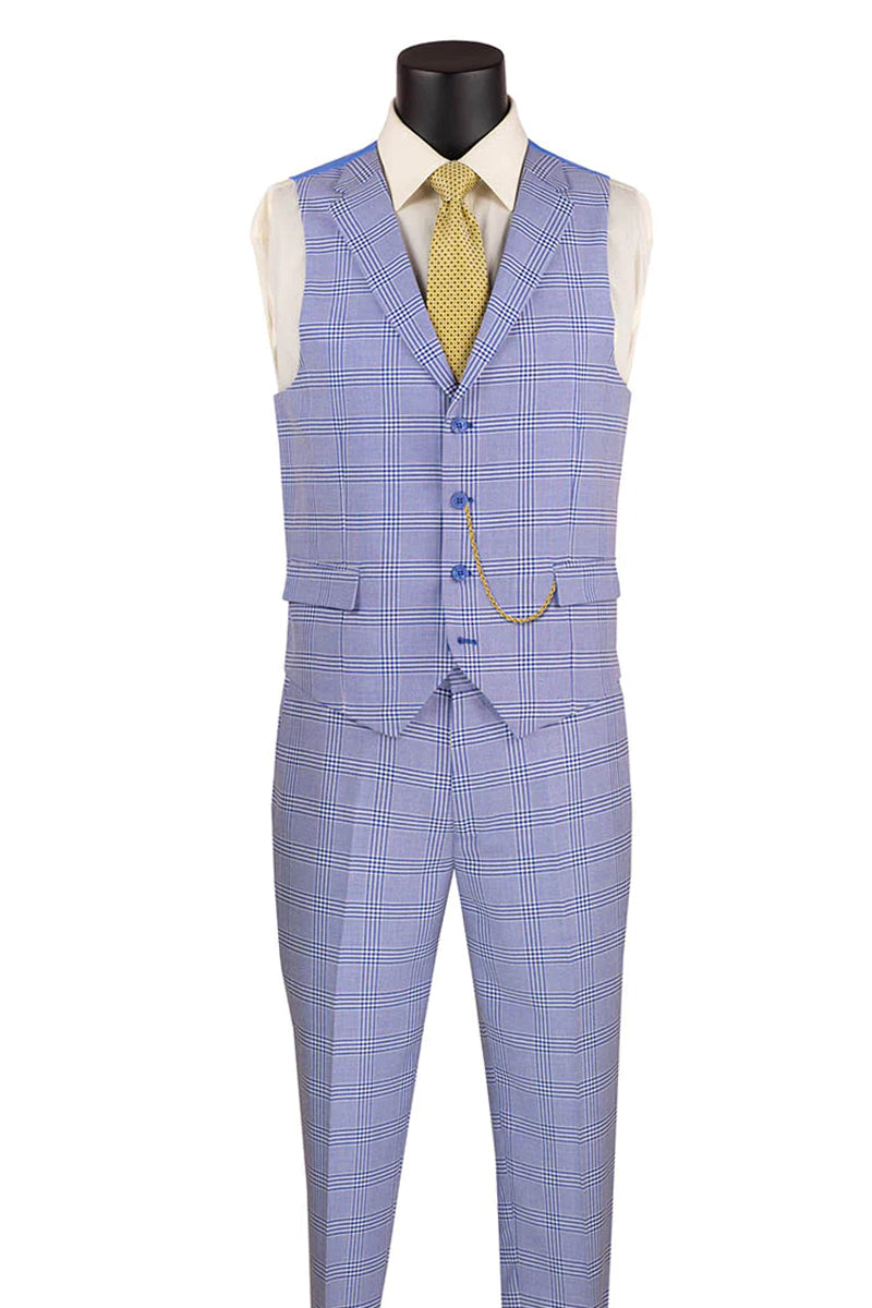 Men's Slim Fit Vested Glen Plaid Summer Business Suit in Sky Blue