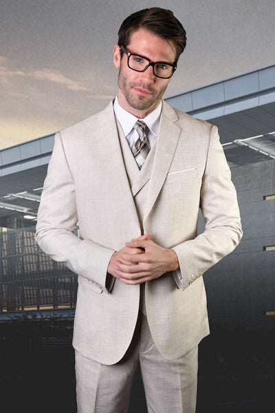 Men's Modern Fit Designer Summer Wool Suit in Natural Tan with a Double Breasted Vest