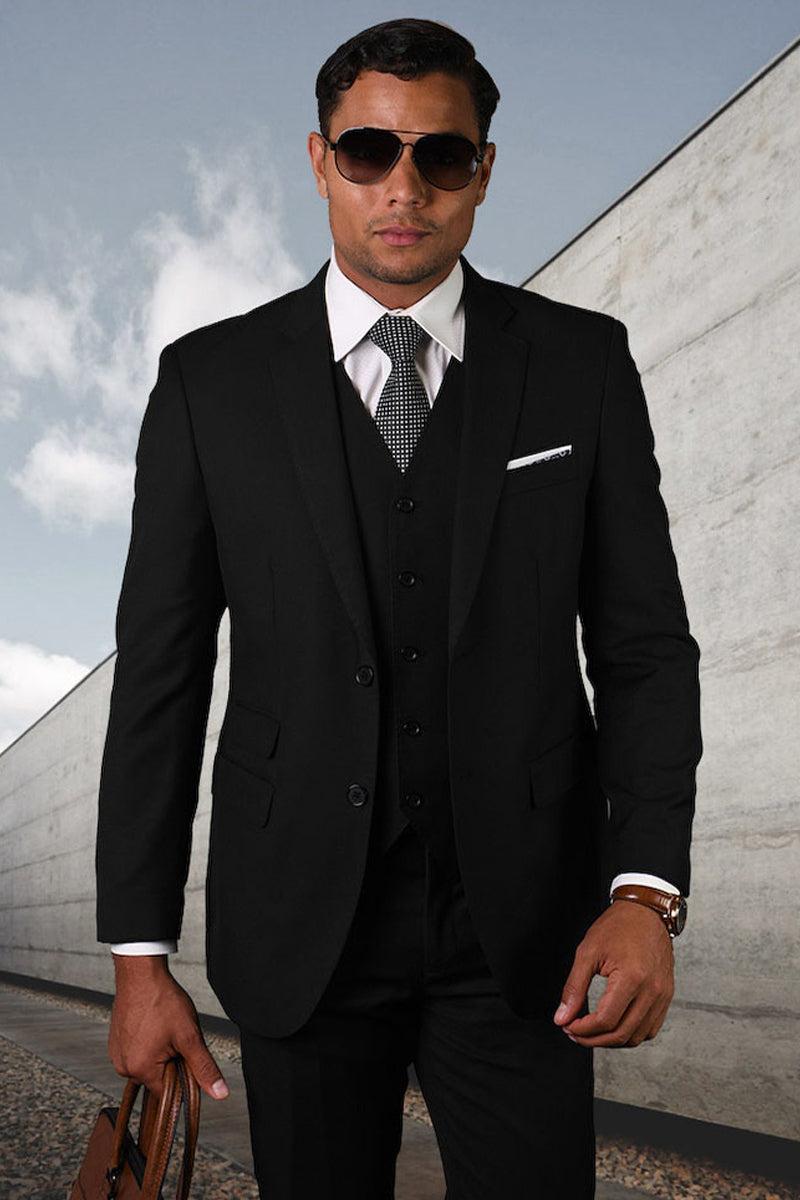 Men's Designer Modern Fit Vested Wool Sharkskin Suit in Black