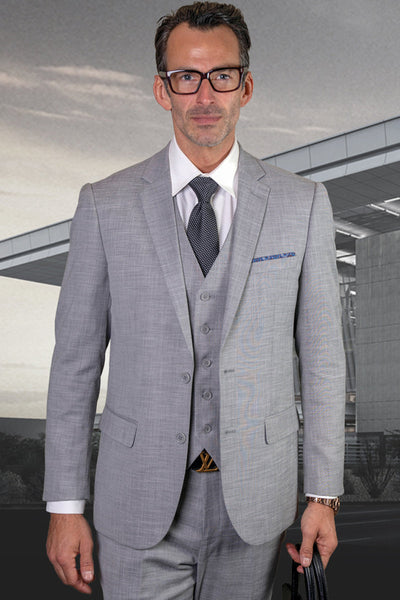 Men's Designer Modern Fit Vested Wool Sharkskin Suit in Grey