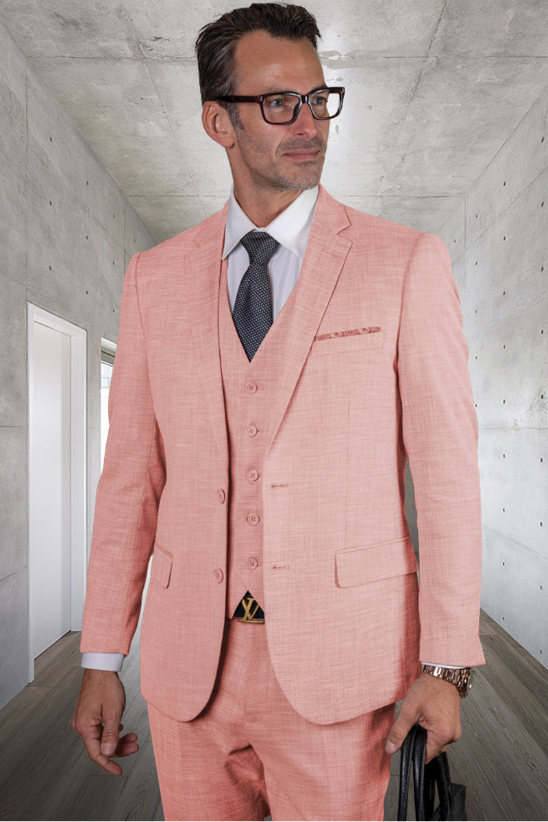 Men's Designer Modern Fit Vested Wool Sharkskin Suit in Pink