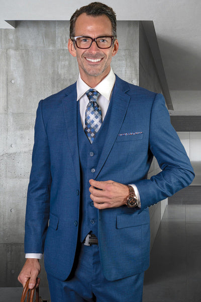 Men's Designer Modern Fit Vested Wool Sharkskin Suit in Sapphire Blue