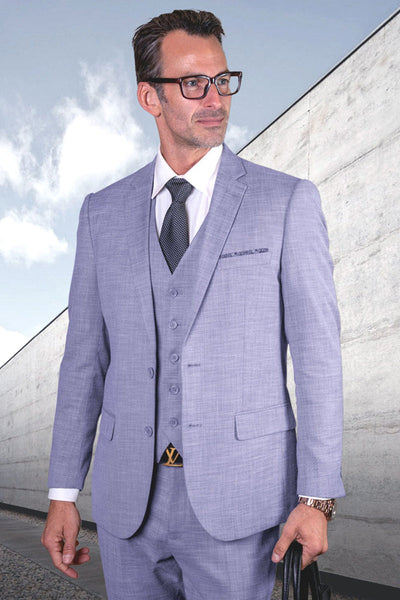 Men's Designer Modern Fit Vested Wool Sharkskin Suit in Sky Blue