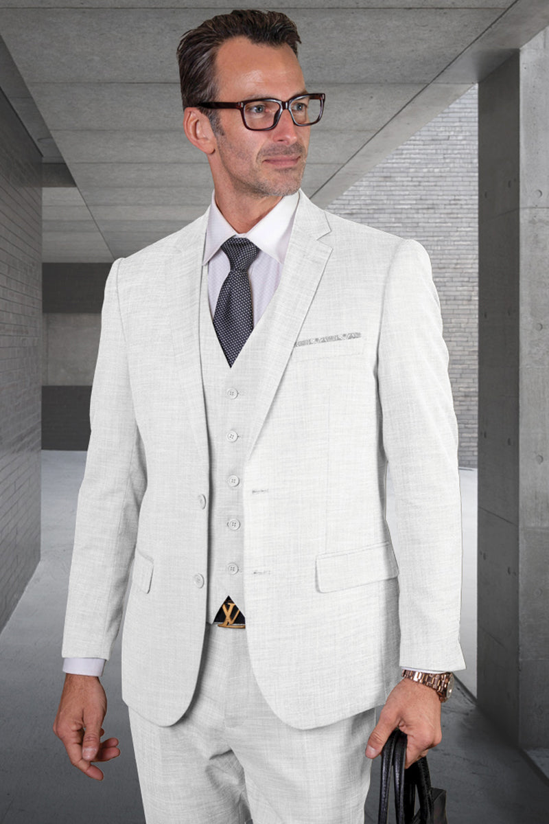 Men's Designer Modern Fit Vested Wool Sharkskin Suit in White